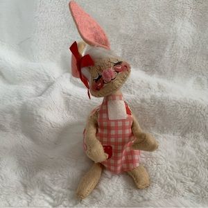 Vintage Annalee Beige Bunny Doll Checkered Pink Dress Strawberry Print